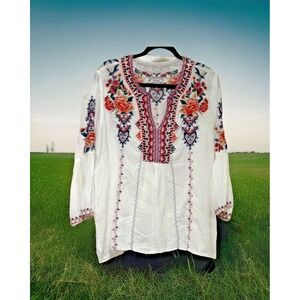 Johnny Was Workshop Sze Medium Embroidered Flare Sleeve Tunic Blouse Floral Boho